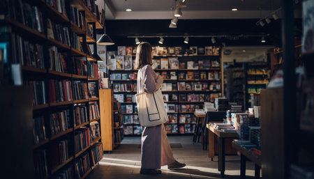 Rear view of a young woman standing in a book store.の素材