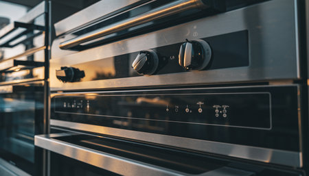 Close up of modern electric oven in kitchen, shallow depth of fieldの素材