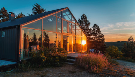 Sunset in a greenhouse on a hillside in the countryside.の素材
