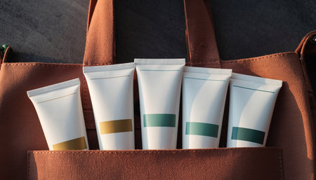 Close up of cosmetic tube in brown bag on dark background. Beauty product branding mockupの素材