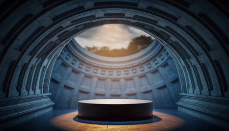 Empty podium in the arch. 3D rendering. Mock up.の素材