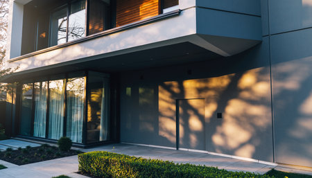 Modern luxury house exterior with garden and sunlight in the morning. Nobody insideの素材