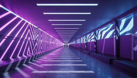 Futuristic corridor with glowing neon lights. 3D Renderingの素材