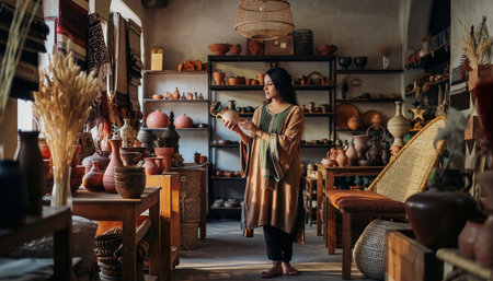 Beautiful young woman with long black hair in a long brown dress standing in a pottery workshop.の素材