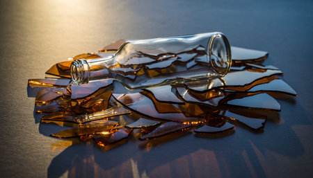 Broken glass bottle on black reflective surface, close up view.の素材