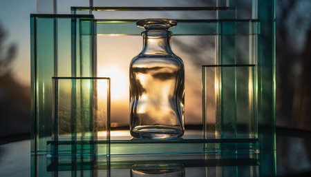Empty glass bottle on a glass shelf in front of a sunset backgroundの素材