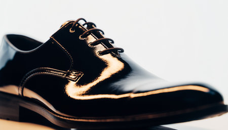 Men's black shoes on a white background. Shallow depth of fieldの素材