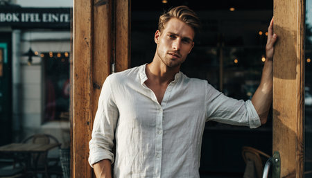 handsome young man in white shirt looking away while standing in cafeの素材