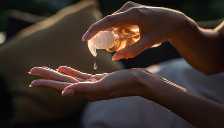 Close-up of woman applying hand sanitizer on her palmの素材