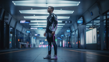 Full length portrait of a young muscular man wearing sportswear while standing in an underground passageの素材