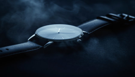 Wristwatch on black background with smoke. Selective focus.の素材