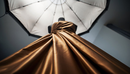 Close up of golden fabric with umbrella in the background, soft focusの素材