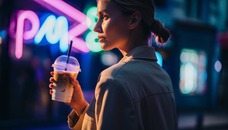 attractive young woman with paper cup of coffee in city at nightの素材