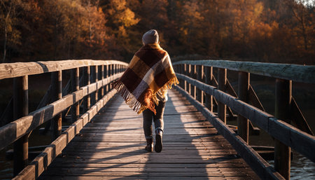 A girl in a warm plaid walks along the wooden bridge over the river. Autumn landscape.の素材