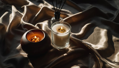 Burning candles and incense sticks on a brown silk background.の素材