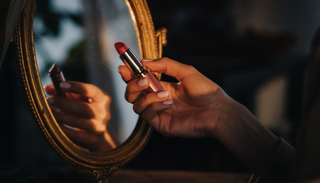 Close up of woman applying red lipstick in front of mirror at homeの素材