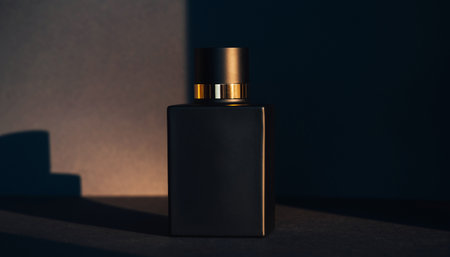 Black bottle of perfume on dark background. Mockup for design.の素材