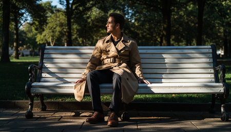 young handsome man in military uniform sitting on bench in park and looking awayの素材