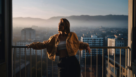 Portrait of a young businesswoman standing on a balcony at sunriseの素材