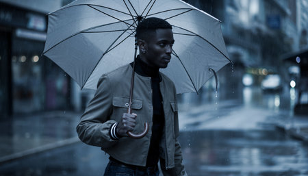 Young african american man with umbrella in the rain on the streetの素材