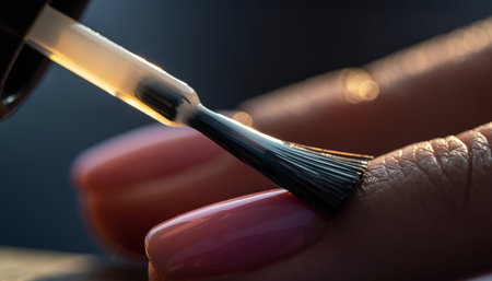 Close-up of a manicurist applying nail polish with a brush.の素材