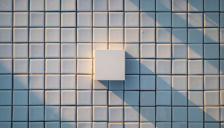 3d rendering of a white square box on a blue tile wallの素材