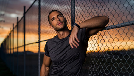 Portrait of an athletic man standing by a fence at sunset.の素材