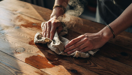 Close-up of female hands cleaning wooden table with cloth and smokeの素材