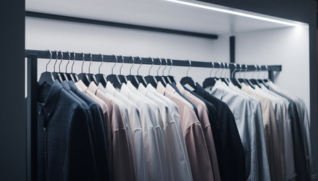 Men's clothing on a hanger in a modern dressing room.の素材