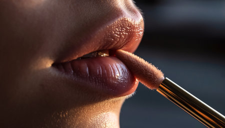 Close-up of a woman's lips with a brush applying makeupの素材