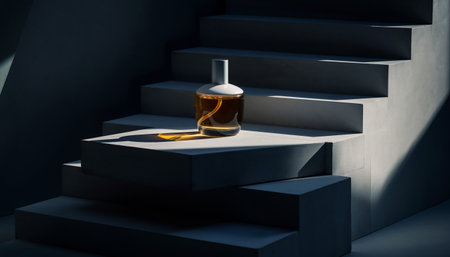 A bottle of perfume stands on the stairs. 3d rendering.の素材