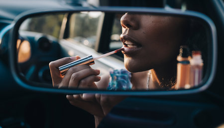 young african american woman applying lip gloss on lips in carの素材