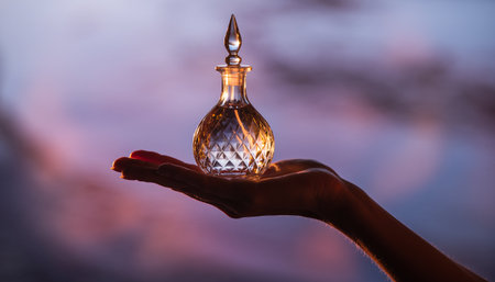 Female hand holding a bottle of perfume on the beach at sunset.の素材