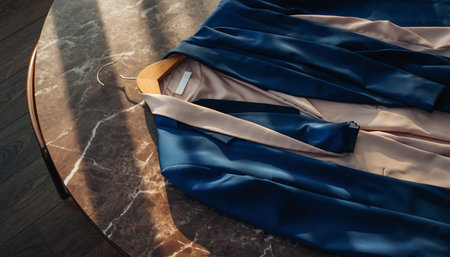 Wedding dress hanging on a hanger on a marble tableの素材