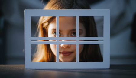 portrait of sad little girl looking at camera in window at homeの素材