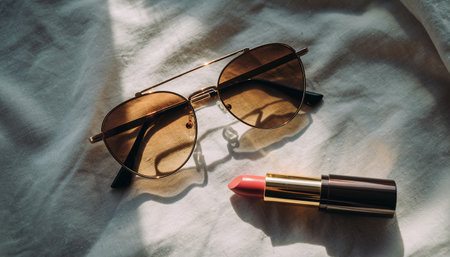 Lipstick and sunglasses on a white fabric background. Selective focus.の素材