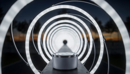 3d rendering of cosmetic cream bottle in a futuristic light tunnel.の素材