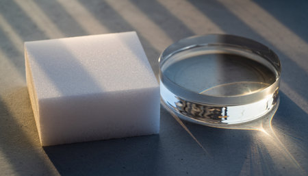 Transparent glass vial and a piece of white sugar on a light backgroundの素材