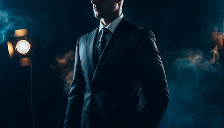 cropped view of businessman in suit standing in smoke on black backgroundの素材