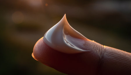 A drop of water on a finger in the light of the setting sunの素材