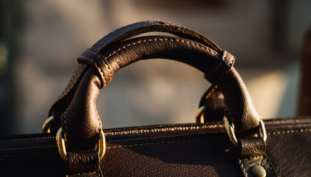 close up of a brown leather handbag on a street shop windowの素材