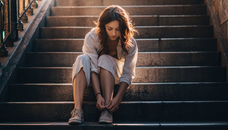 beautiful young woman sitting on stairs and looking at camera in cityの素材