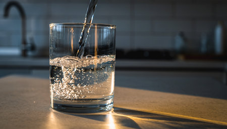 Pouring fresh water into a glass on a kitchen countertop.の素材