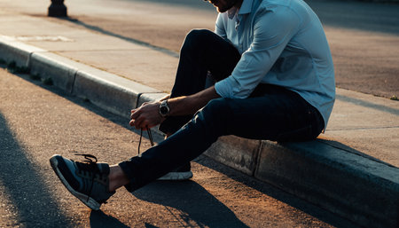 Low angle view of a young man sitting on the sidewalk at sunsetの素材