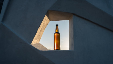 Bottle of beer in a concrete frame with a view of the skyの素材