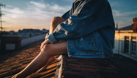 Young woman sitting on the roof of a building in the evening.の素材