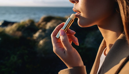 cropped view of young woman applying lip gloss on lips at seasideの素材