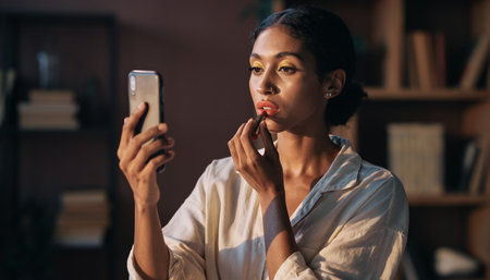 beautiful african american woman applying lipstick and looking at smartphoneの素材