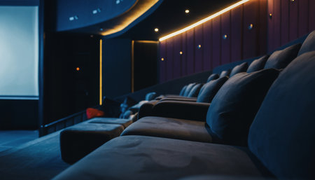Interior of a modern cinema auditorium with black seats and lights.の素材