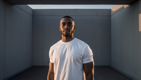 african american man in white t-shirt looking at cameraの素材